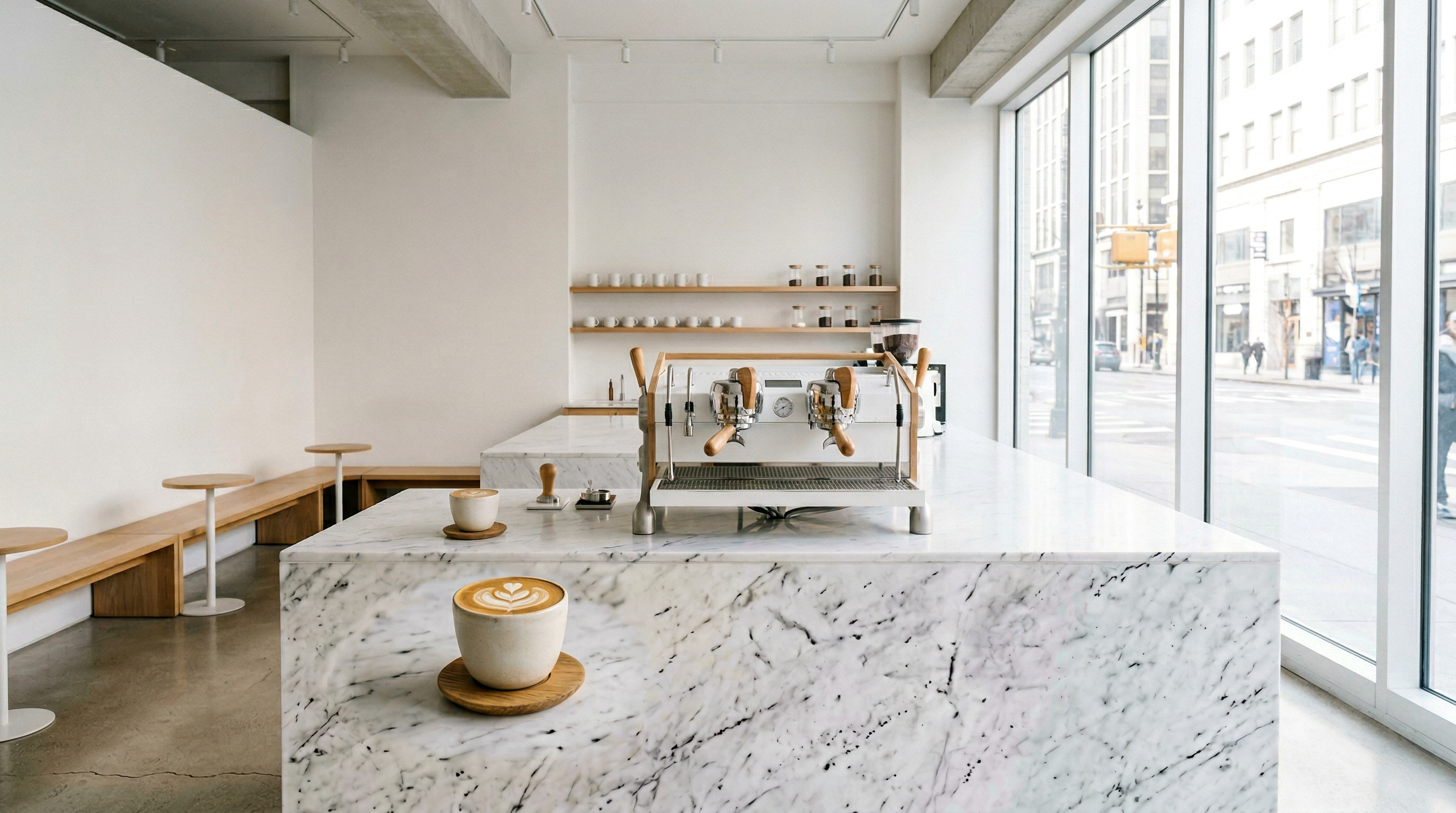 Minimal design-led specialty coffee shop with marble counter