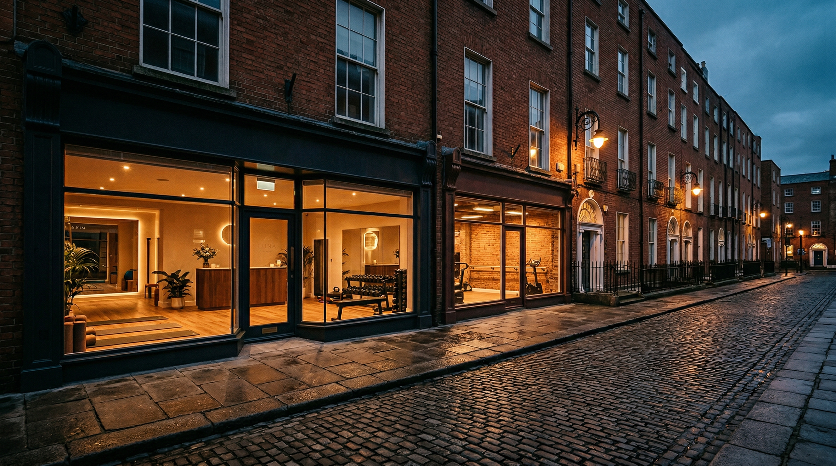 Dublin streetscape at dusk with modern wellness venues and warm lighting