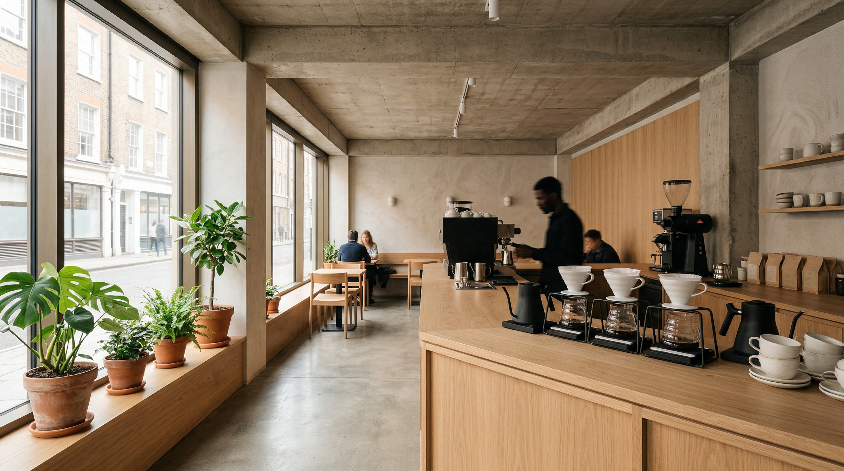 Design-led specialty coffee bar with natural materials